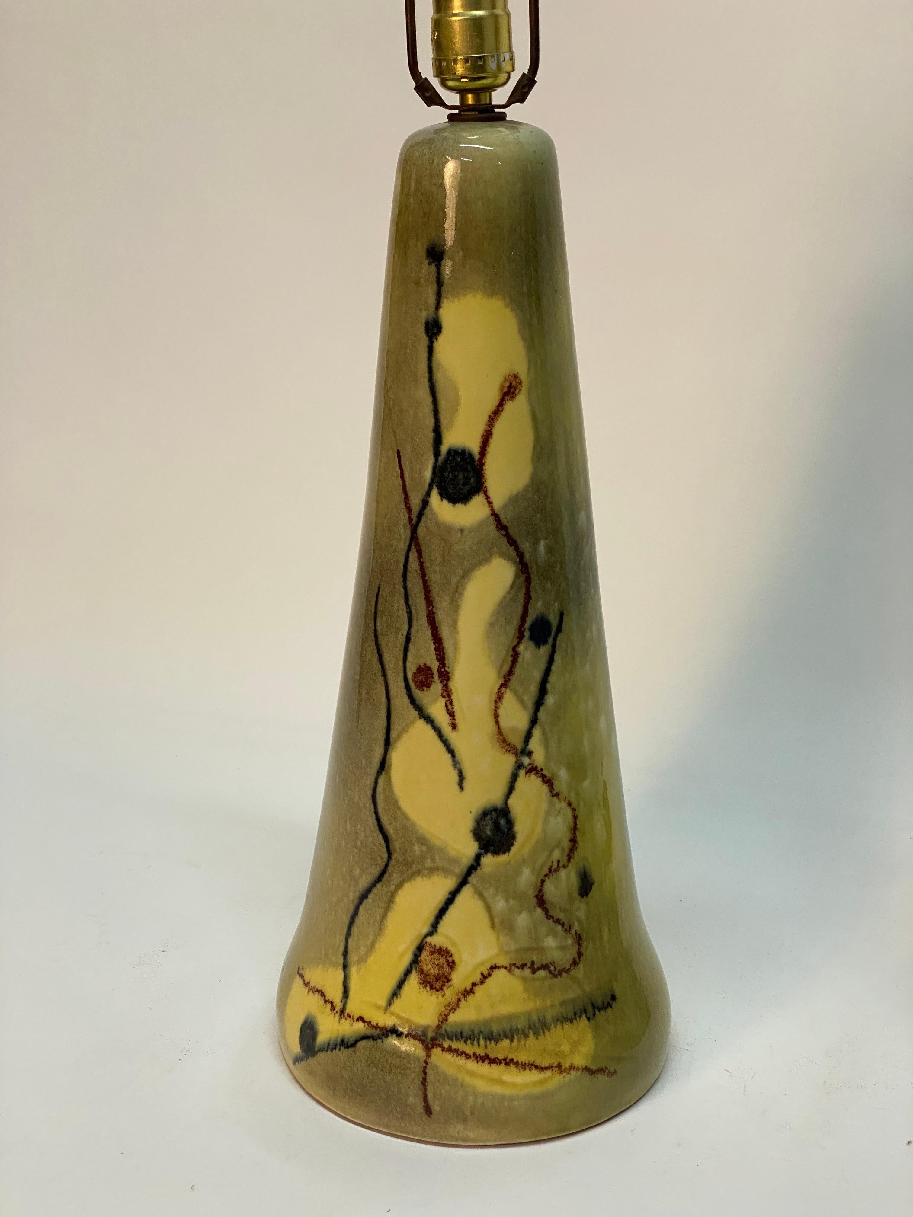 Mid-20th Century Pair of 1950s Biomorphic Abstract Decorated Ceramic Lamps For Sale