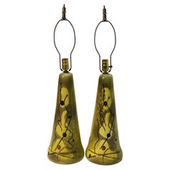 Pair of 1950s Biomorphic Abstract Decorated Ceramic Lamps