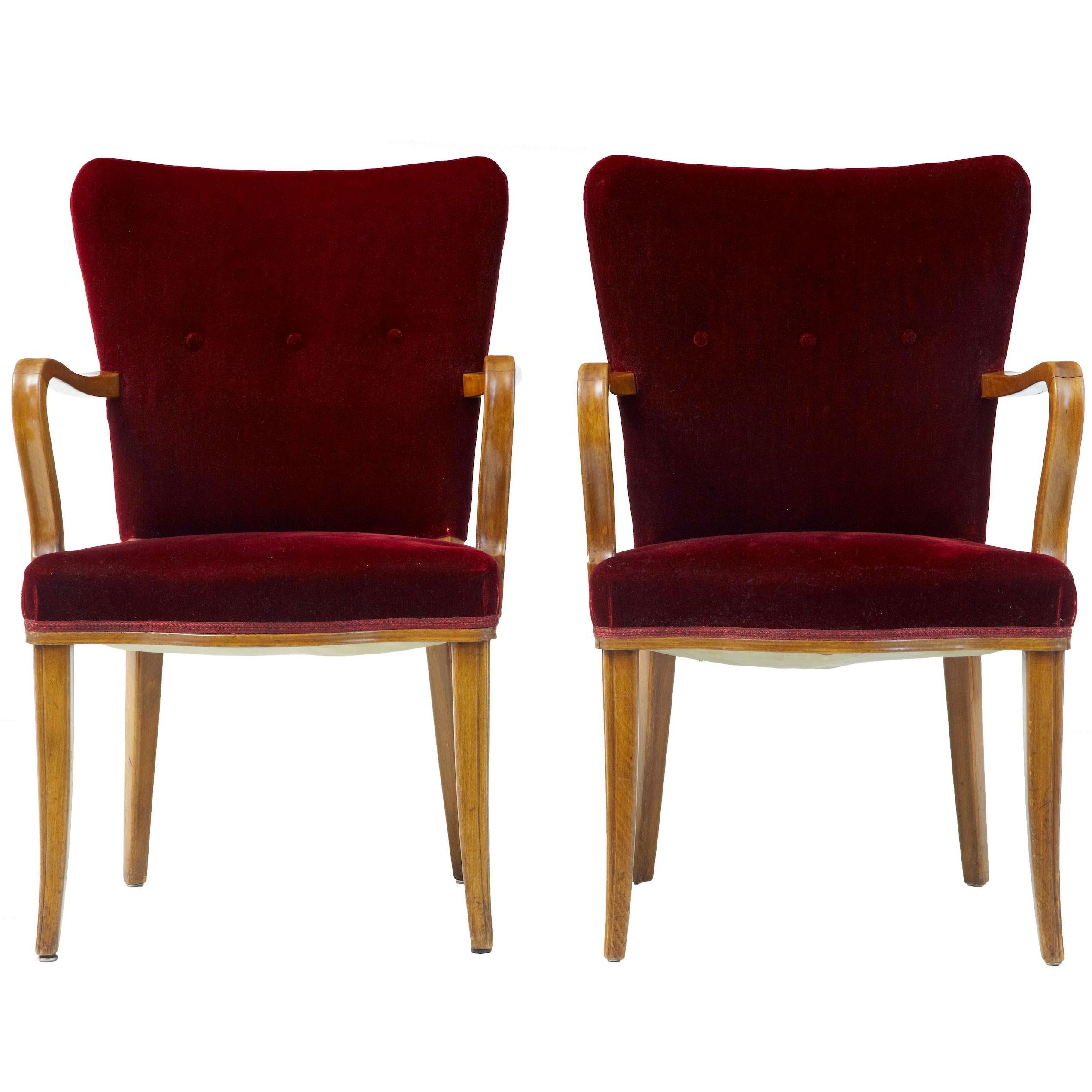 Pair of 1950s Birch and Red Velvet Armchairs