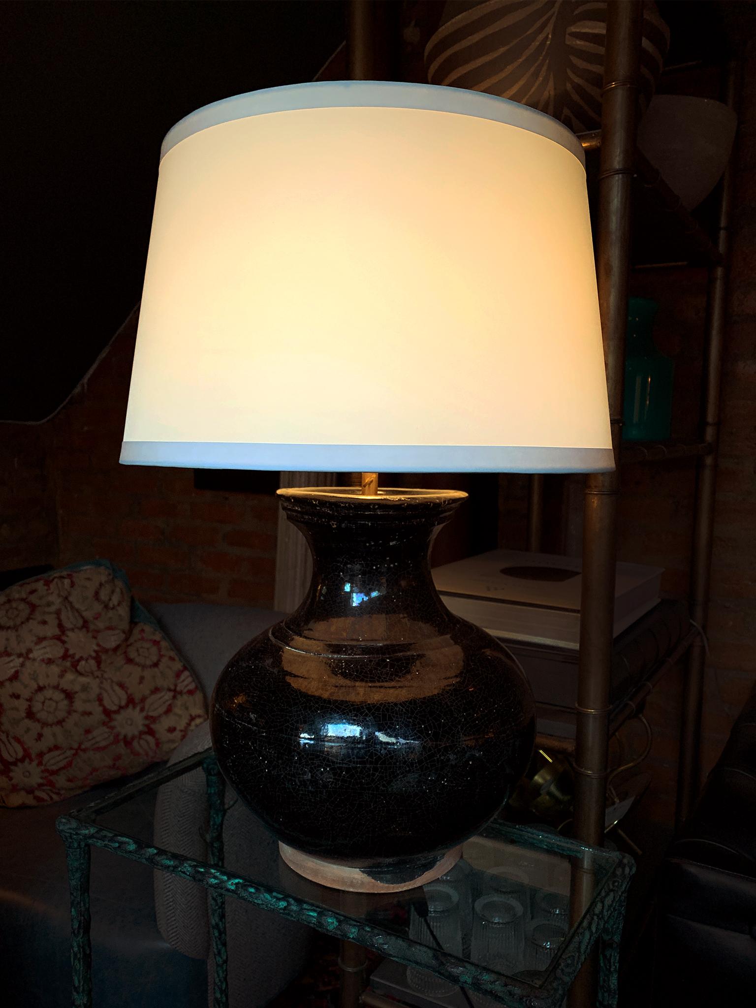 Pair of 1950s Black Craquelure Glaze Ceramic Table Lamps 7