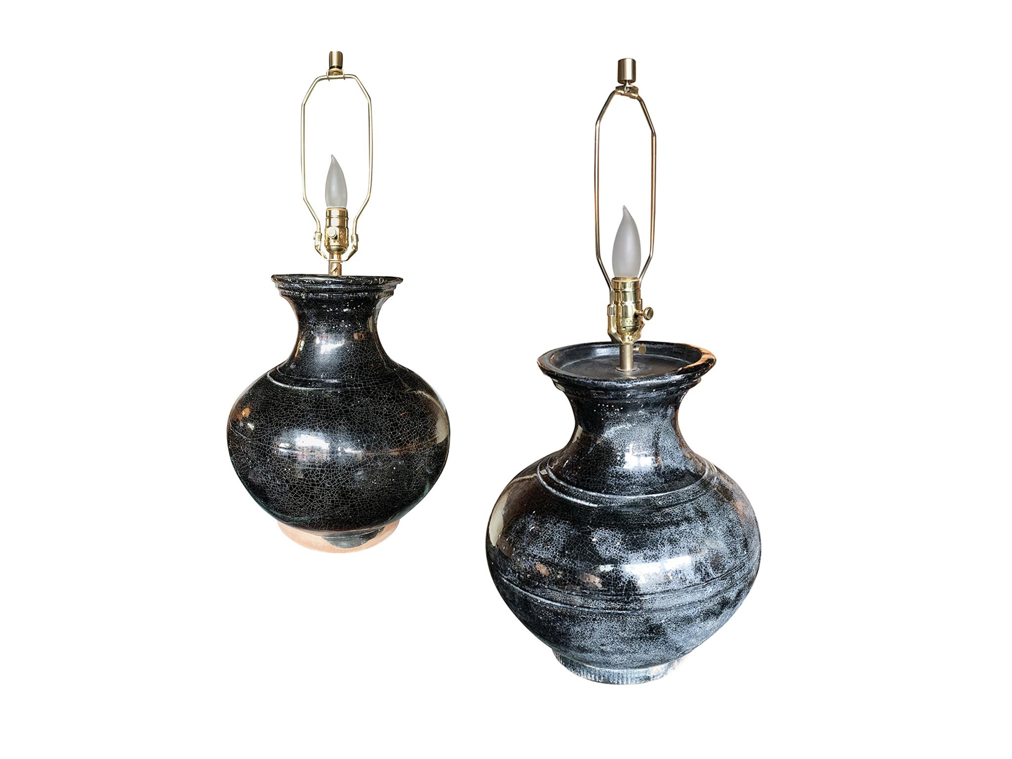 Mid-Century Modern Pair of 1950s Black Craquelure Glaze Ceramic Table Lamps