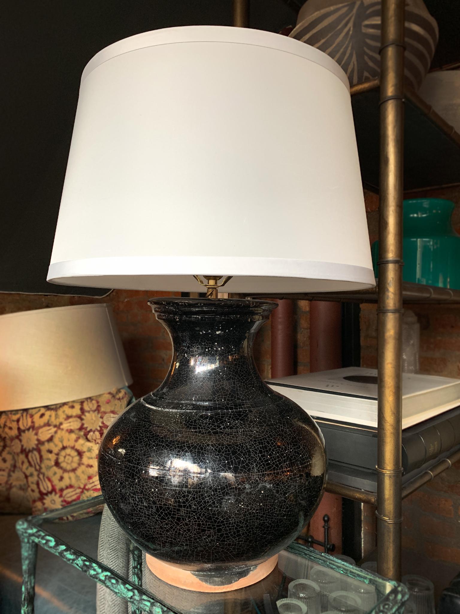 Glazed Pair of 1950s Black Craquelure Glaze Ceramic Table Lamps