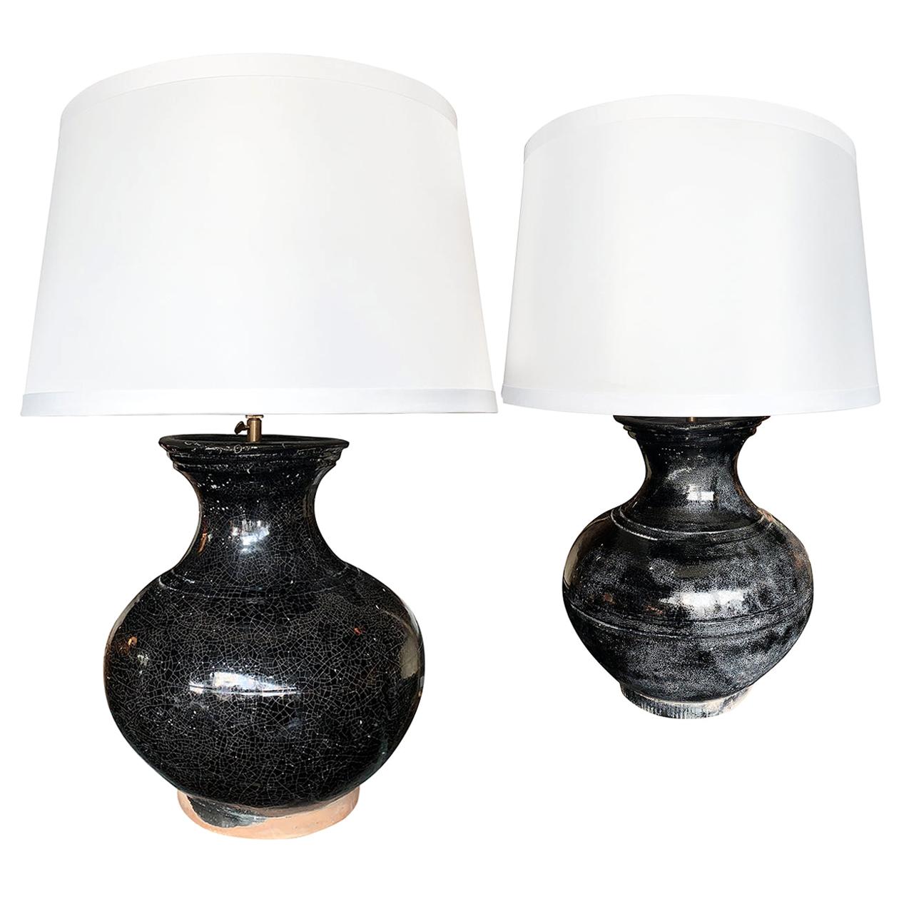 Pair of 1950s Black Craquelure Glaze Ceramic Table Lamps