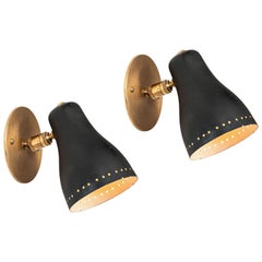 Pair of 1950s Black Perforated Sconces Attributed to Jacques Biny