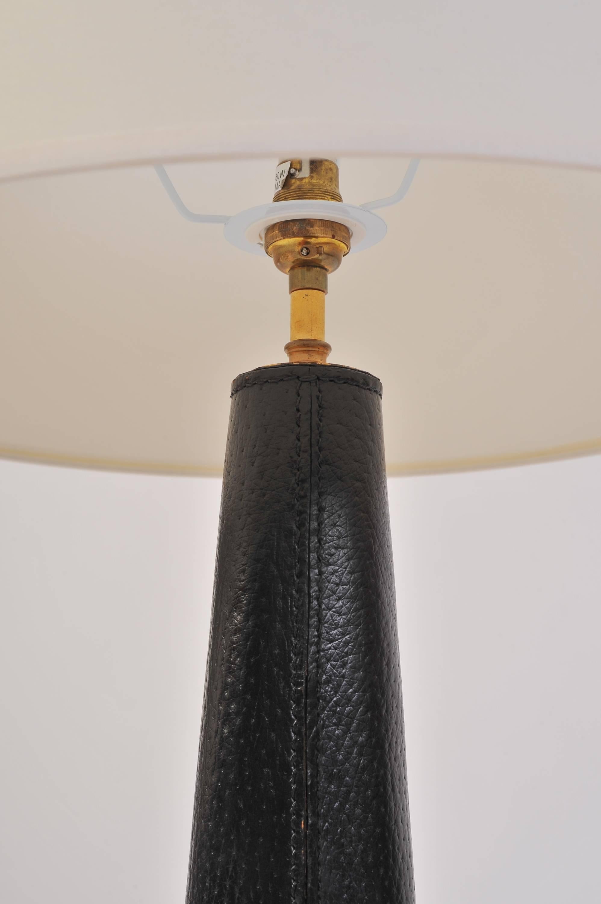 Mid-Century Modern Pair of 1950s Black Stitched Leather Table Lamps
