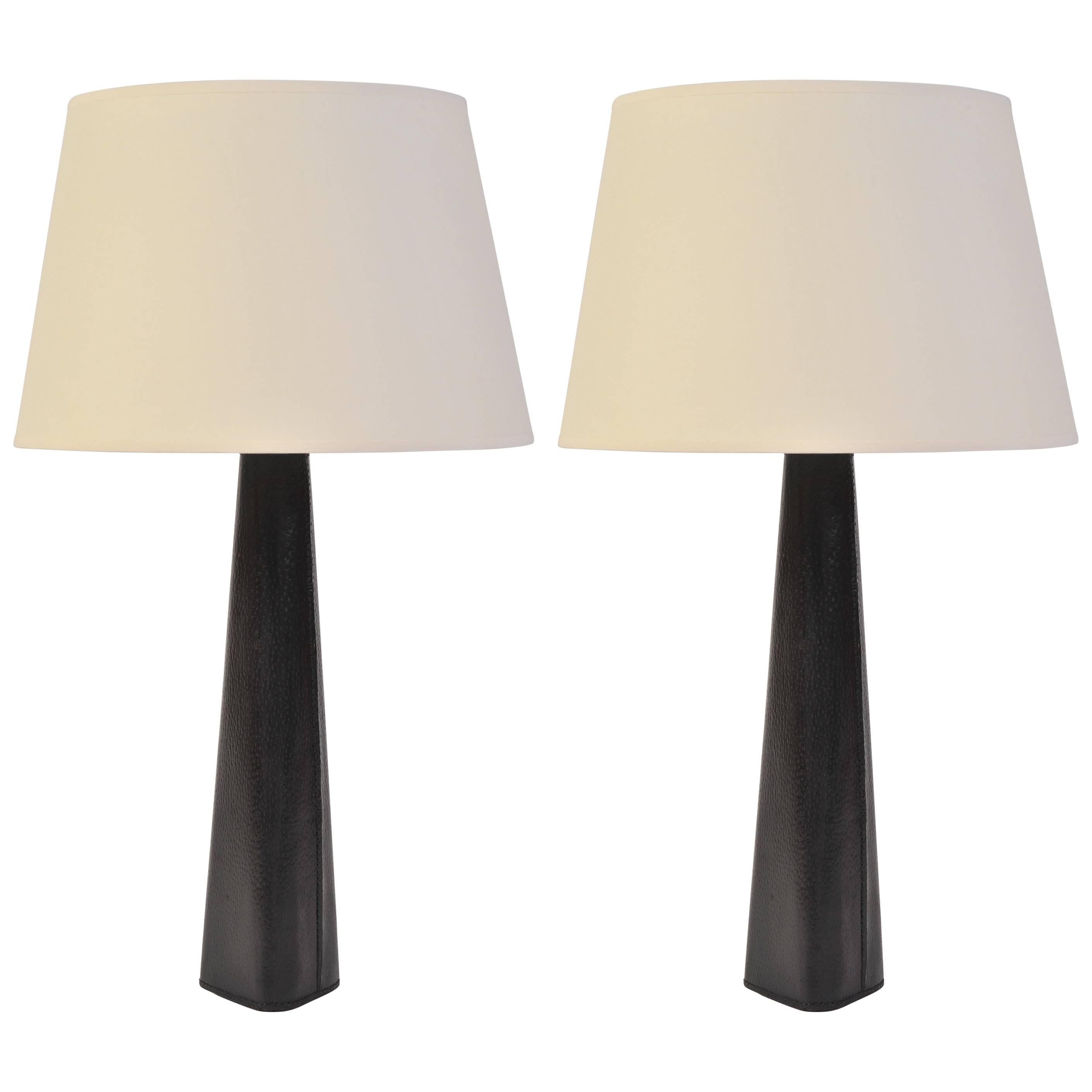 Pair of 1950s Black Stitched Leather Table Lamps
