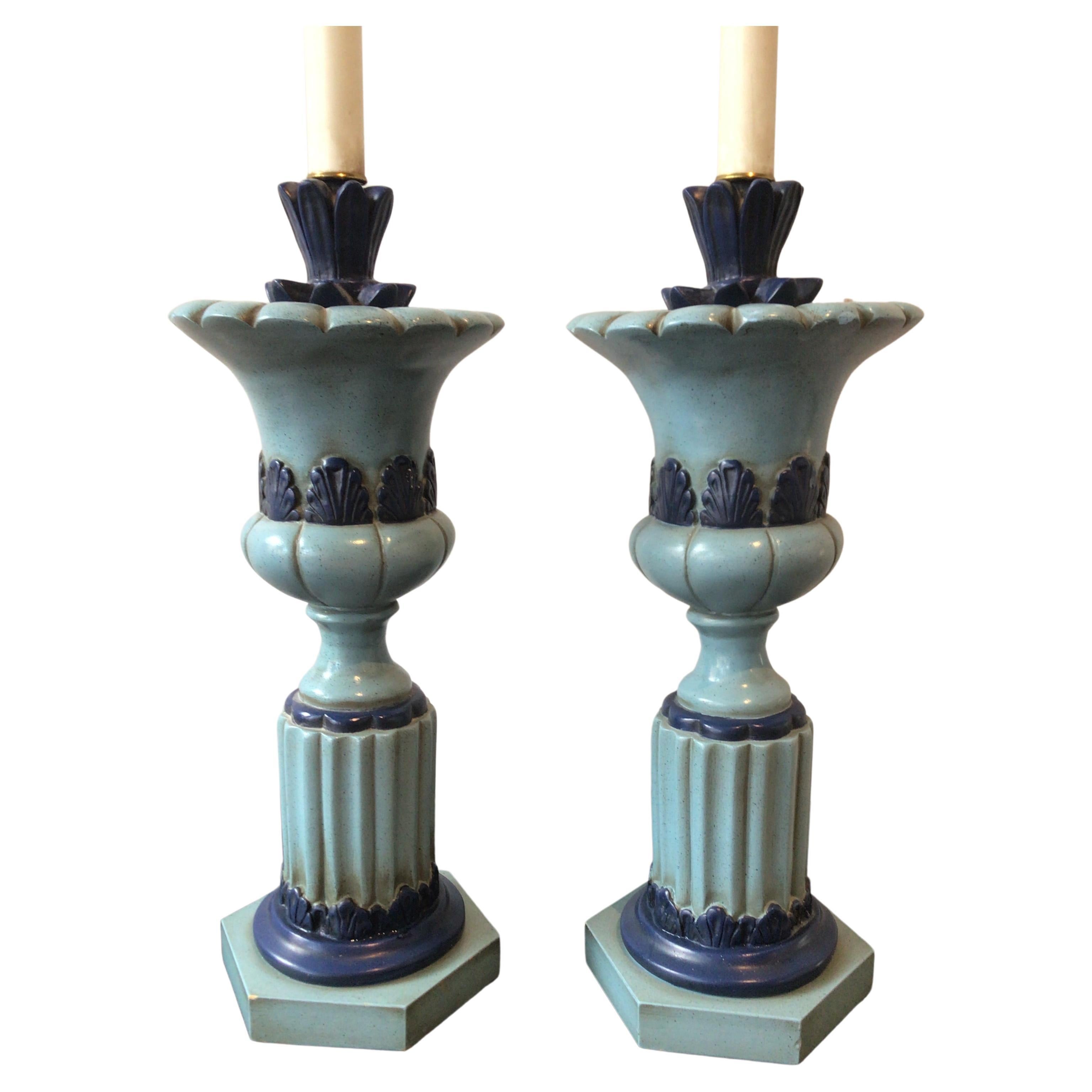 Pair of 1950s Blue Plaster Urn Lamps