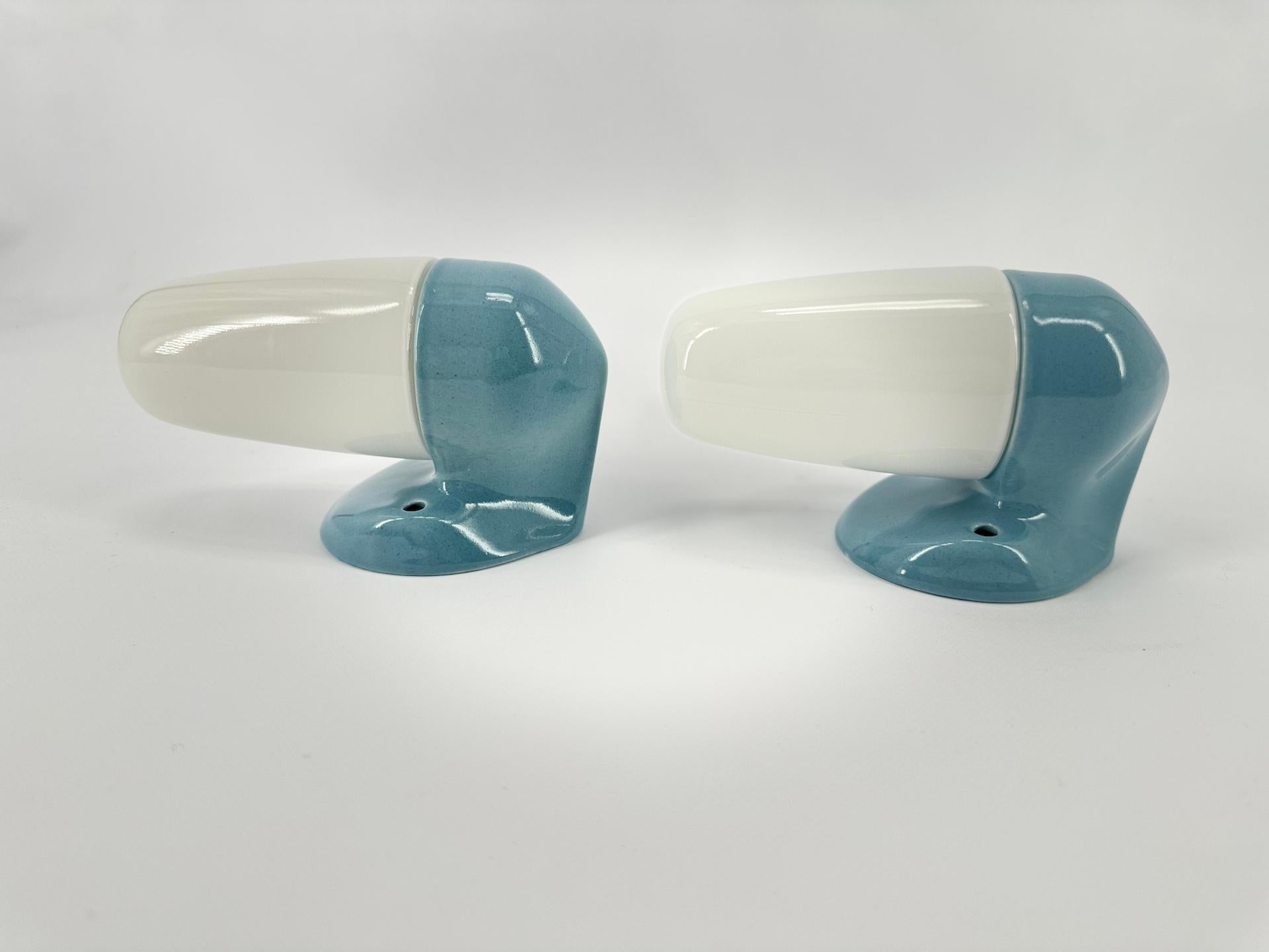 German Pair of  1950's Blue Porcelain Wall Lamps By Wilhelm Wagenfeld For Lindner For Sale