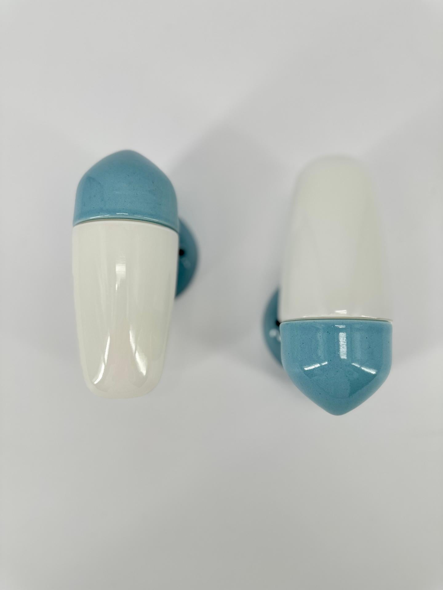 Mid-20th Century Pair of  1950's Blue Porcelain Wall Lamps By Wilhelm Wagenfeld For Lindner