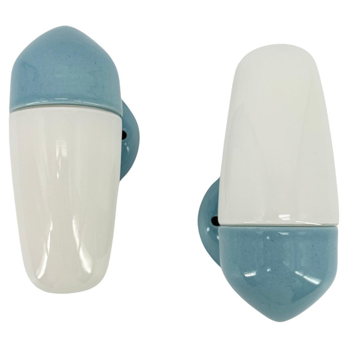Pair of  1950's Blue Porcelain Wall Lamps By Wilhelm Wagenfeld For Lindner For Sale
