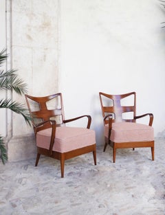 Pair of 1950s Borsani Wooden Armchairs in Pink Boucle