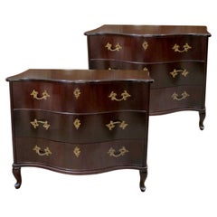 Vintage Pair of 1950s Bow-Fronted Swedish Mahogany Chests of Drawers with Brass Accents
