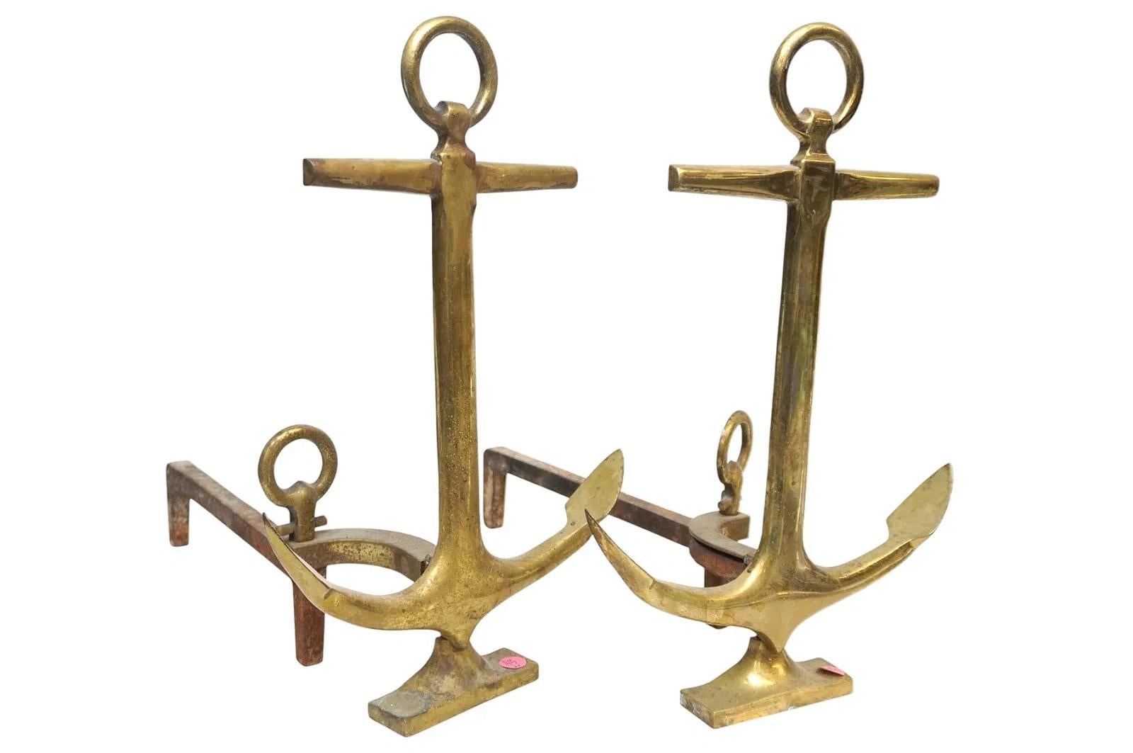 a pair of fine Brass Anchor andirons, circa 1950's
original design, fine quality , great functionality , aged patina 



