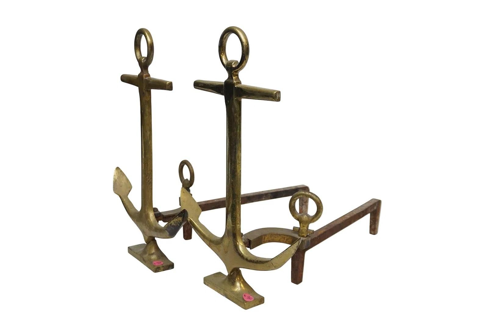 Dutch Colonial Pair of 1950's Brass Anchor Andirons For Sale