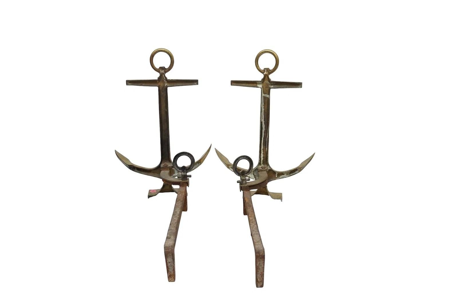 American Pair of 1950's Brass Anchor Andirons For Sale