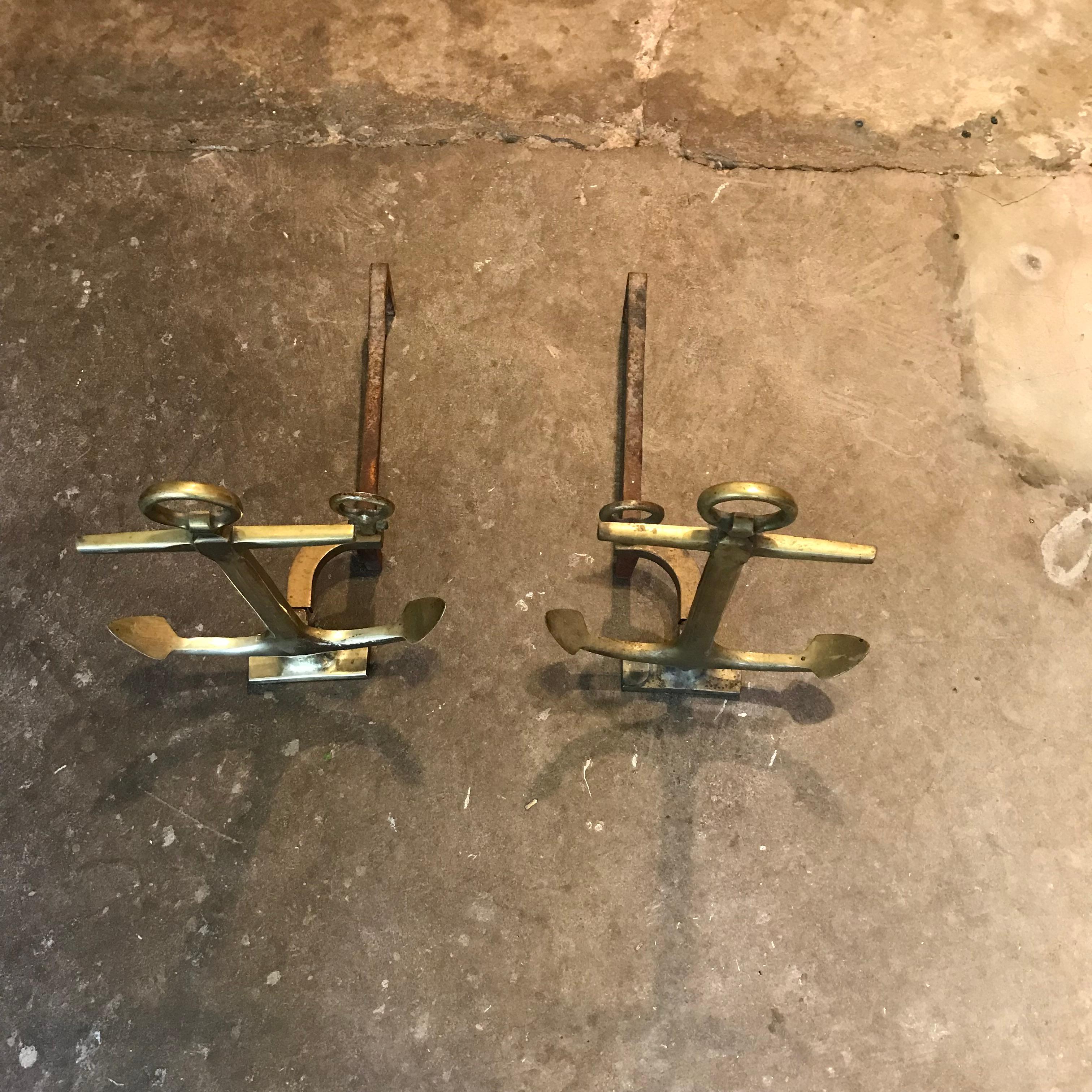 Pair of 1950's Brass Anchor Andirons In Good Condition For Sale In Greenwich, CT