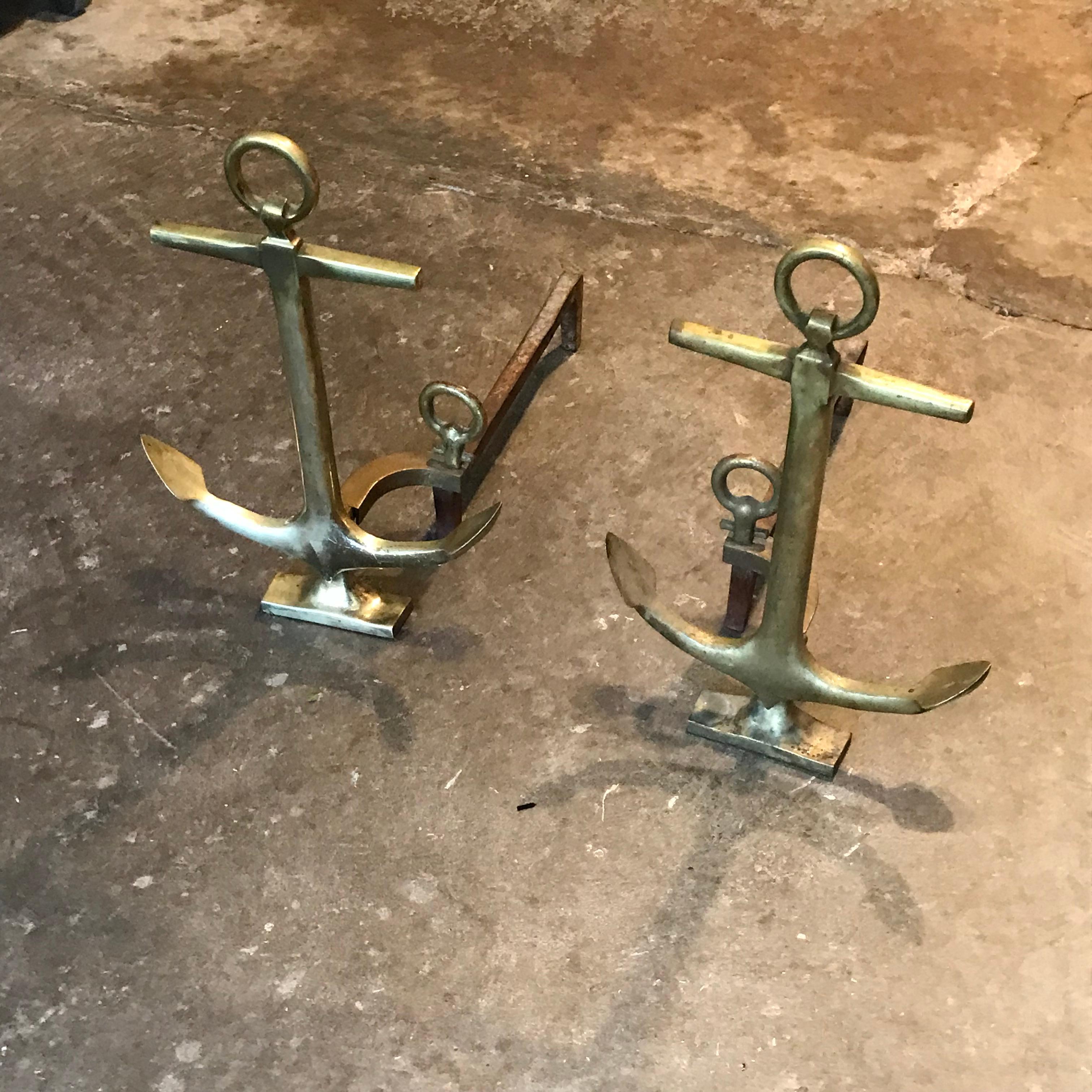 Mid-20th Century Pair of 1950's Brass Anchor Andirons For Sale