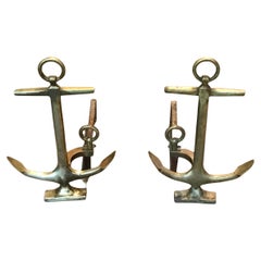Pair of 1950's Brass Anchor Andirons