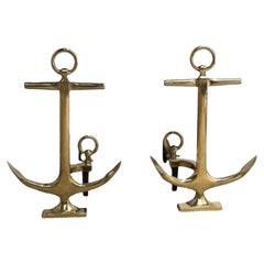 Pair of 1950's Brass Anchor Andirons