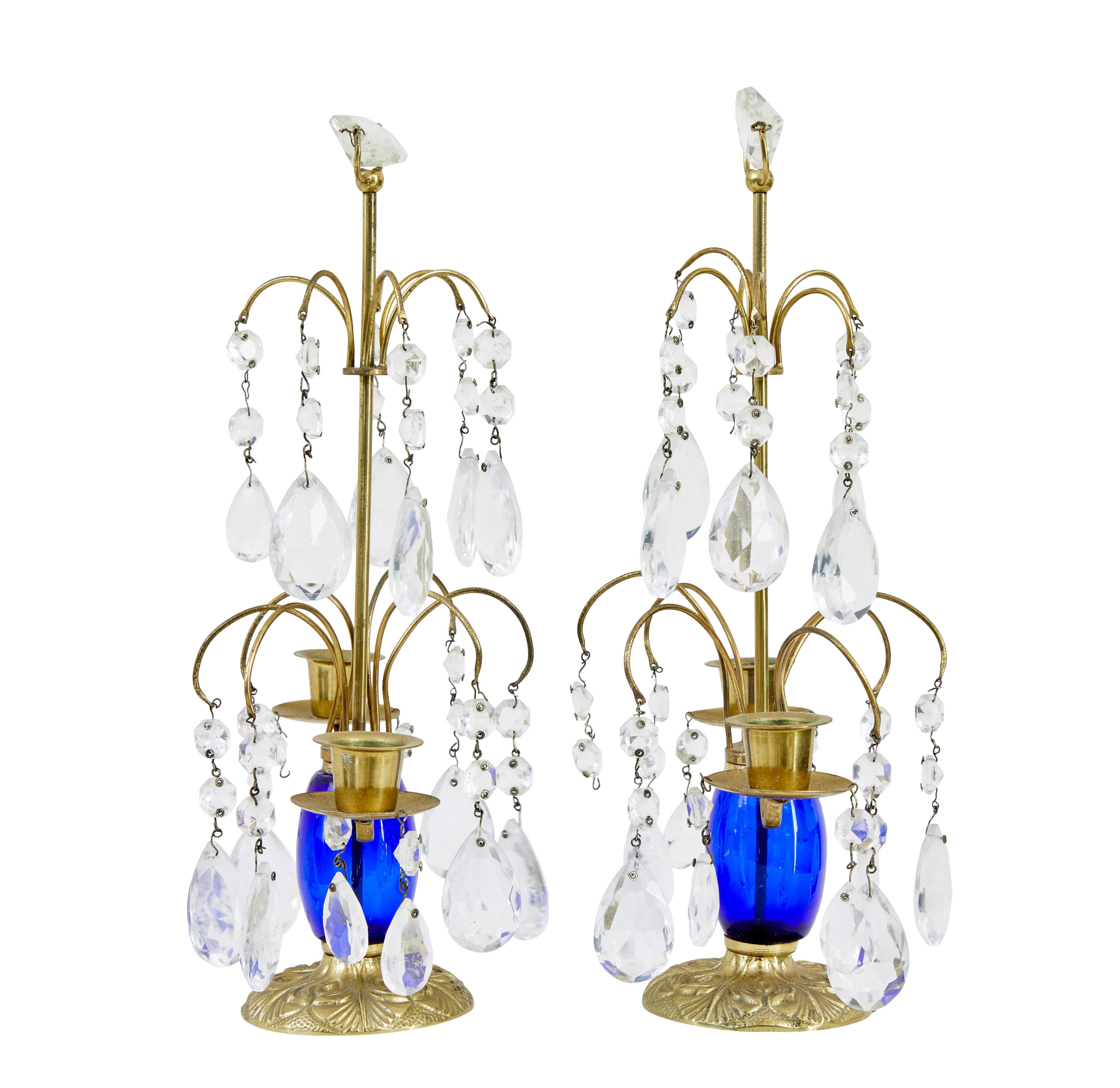 Hand-Crafted Pair of 1950’s brass and cut glass decorative candlesticks For Sale