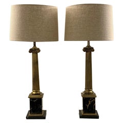 Pair of 1950s Brass and Marble Column Table Lamps by Stiffel and Re Wired