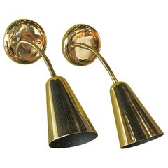 Pair of 1950s Brass Cone and Gooseneck Sconces Appliques