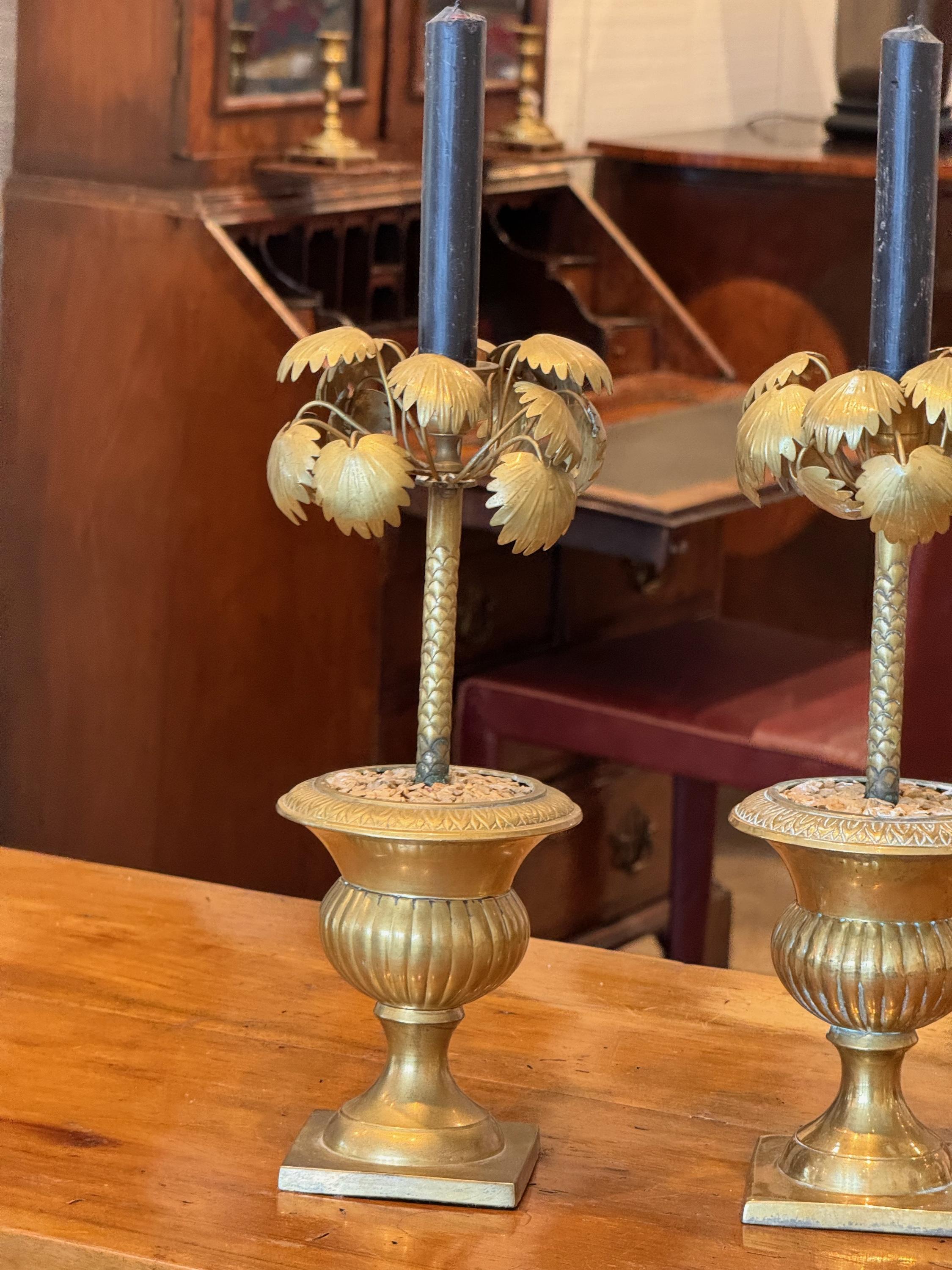 Mid-20th Century Pair of 1950s Brass Palm Candle Holders