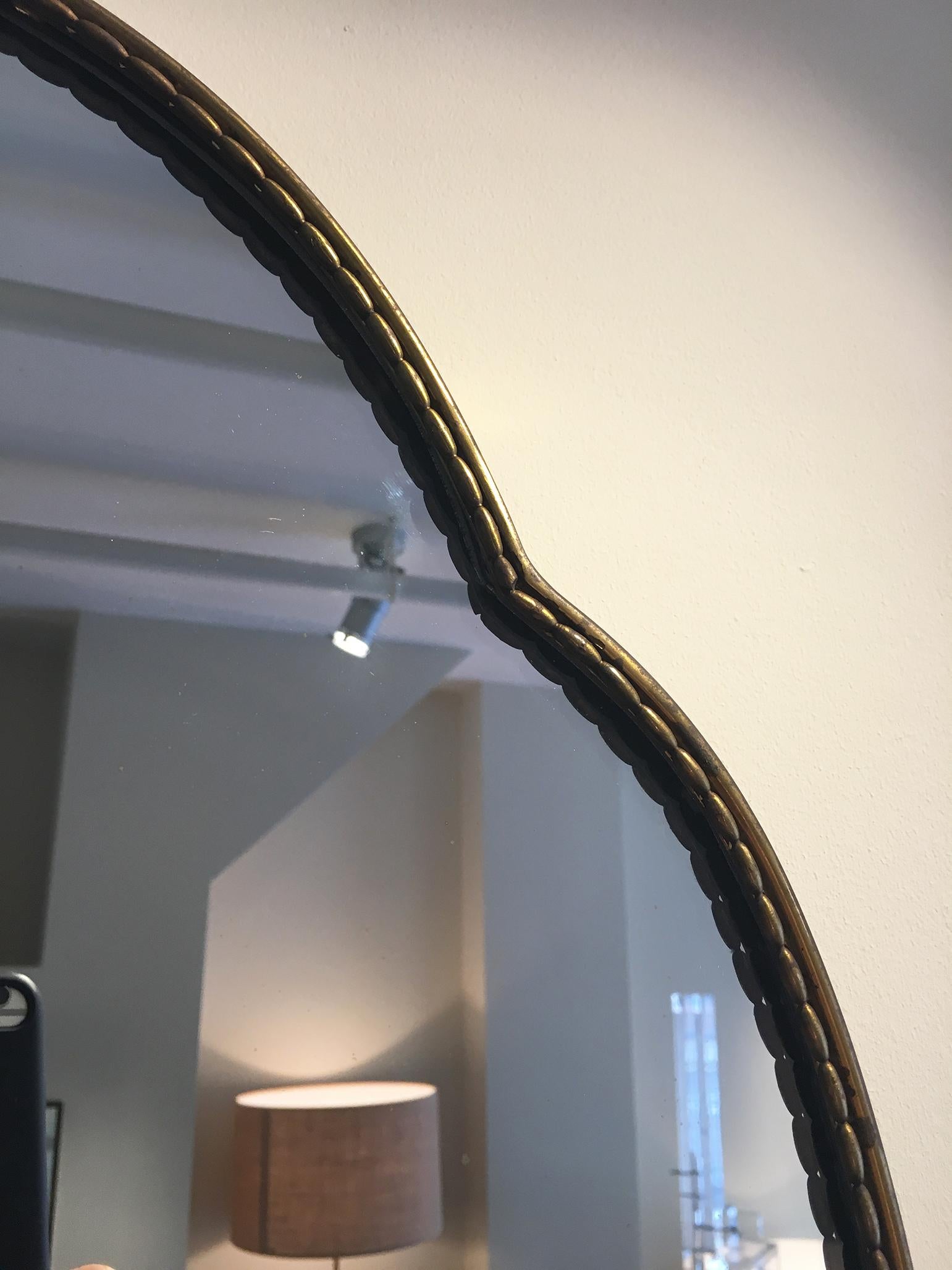 Pair of 1950s Brass Shield Shaped Mirrors, Italy 1