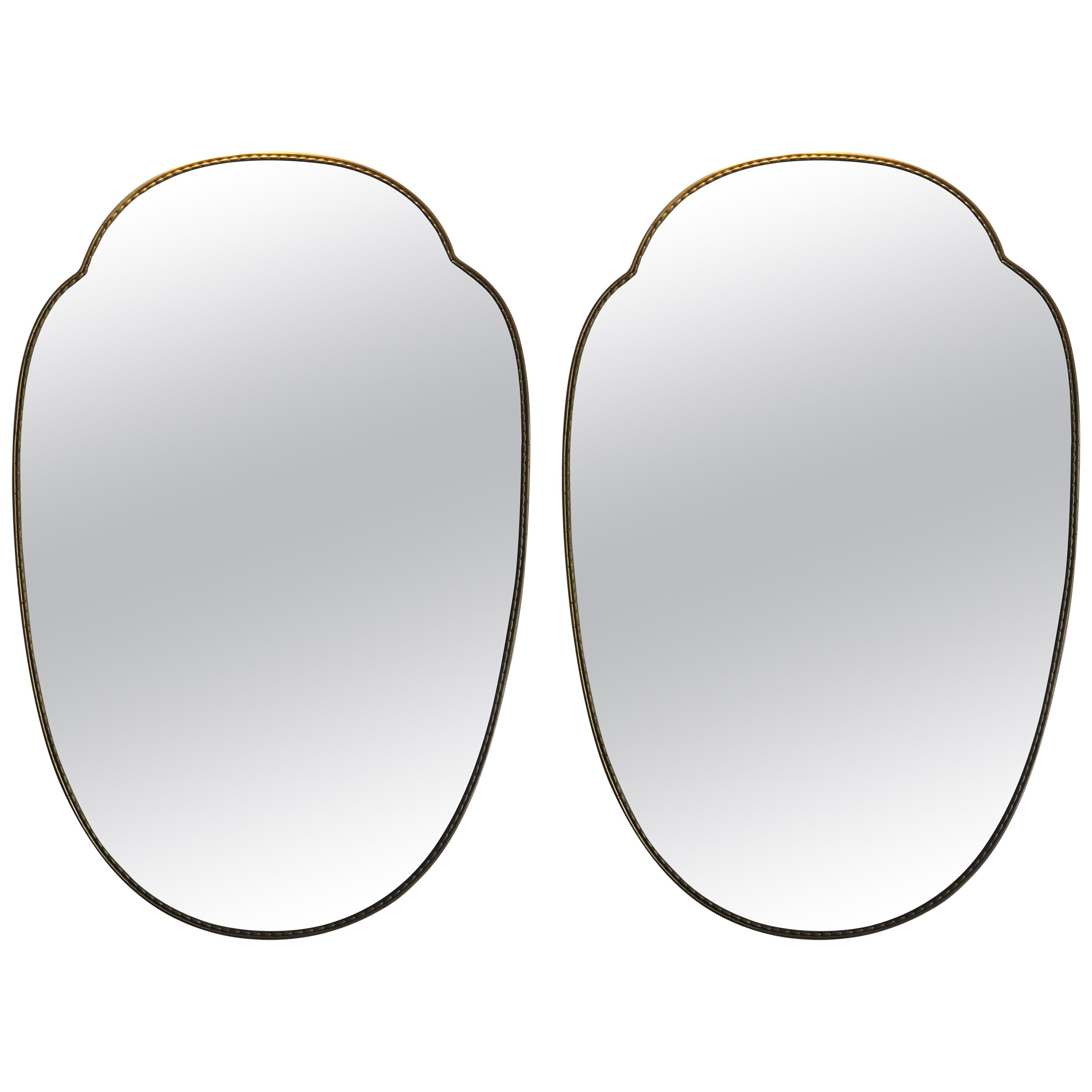 Pair of 1950s Brass Shield Shaped Mirrors, Italy