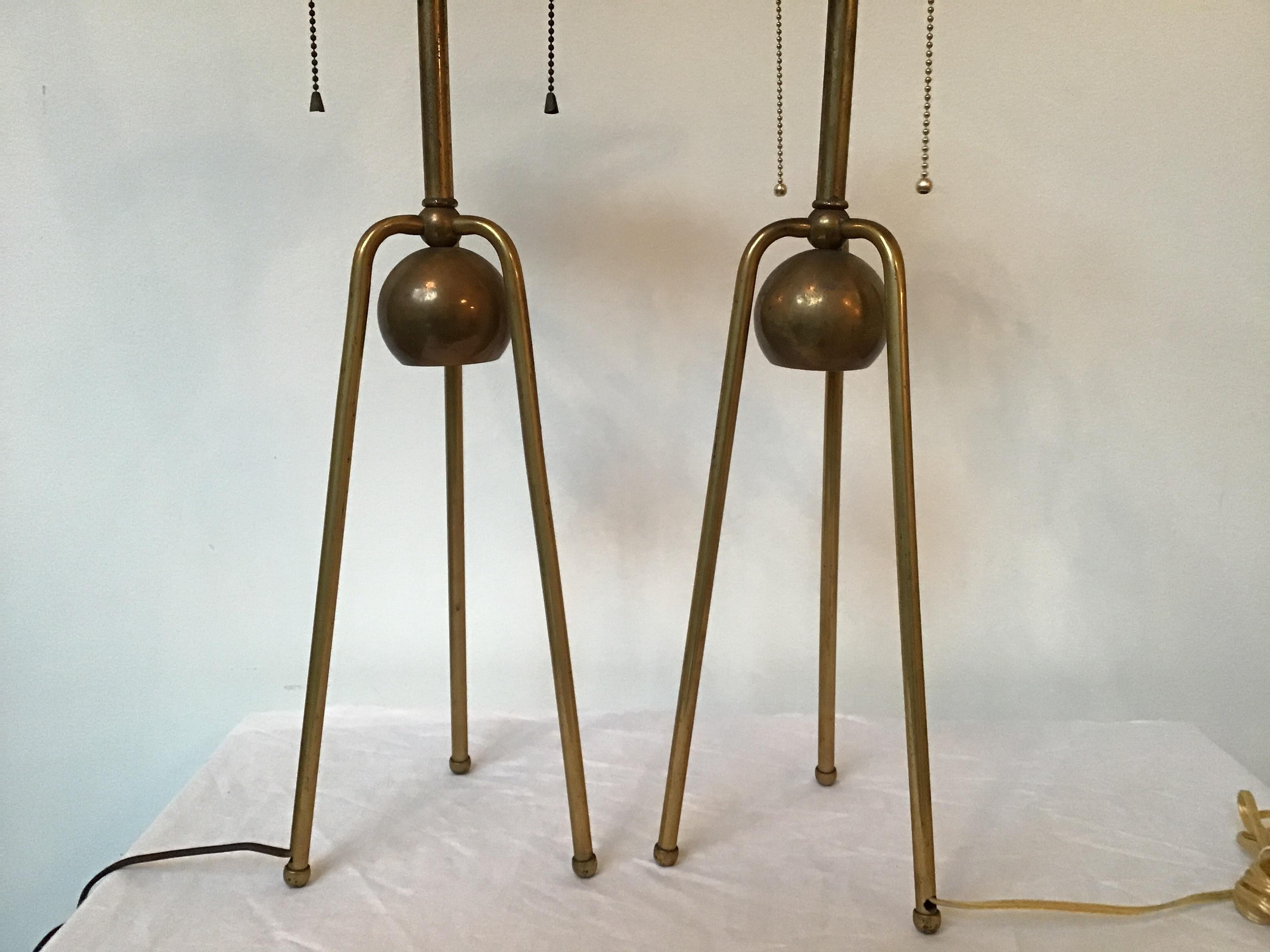 Mid-20th Century Pair of 1950s Brass Tri Pod Table Lamps