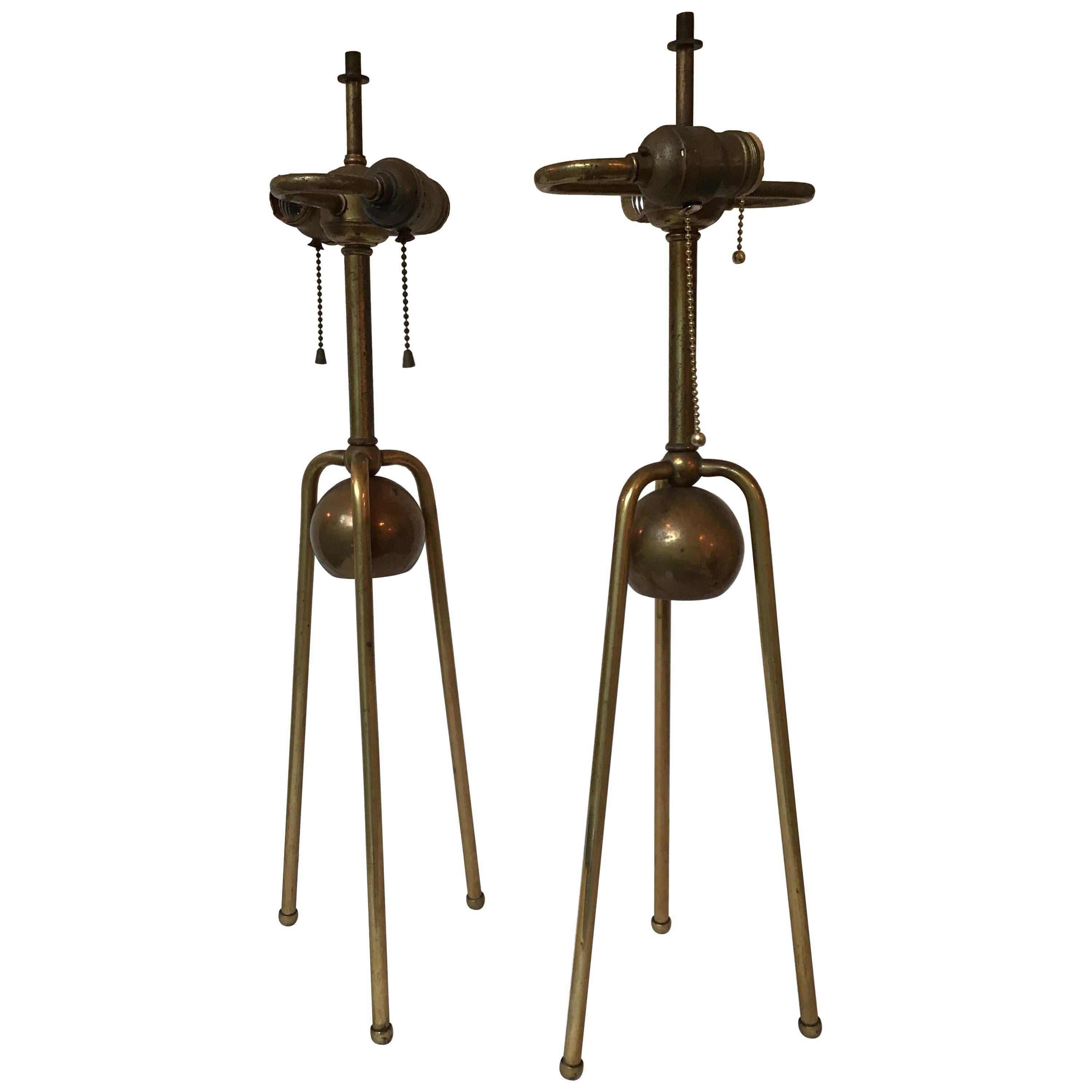 Pair of 1950s Brass Tri Pod Table Lamps