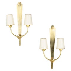 Pair of 1950s Brass Wall Lights with Paper Lampshades