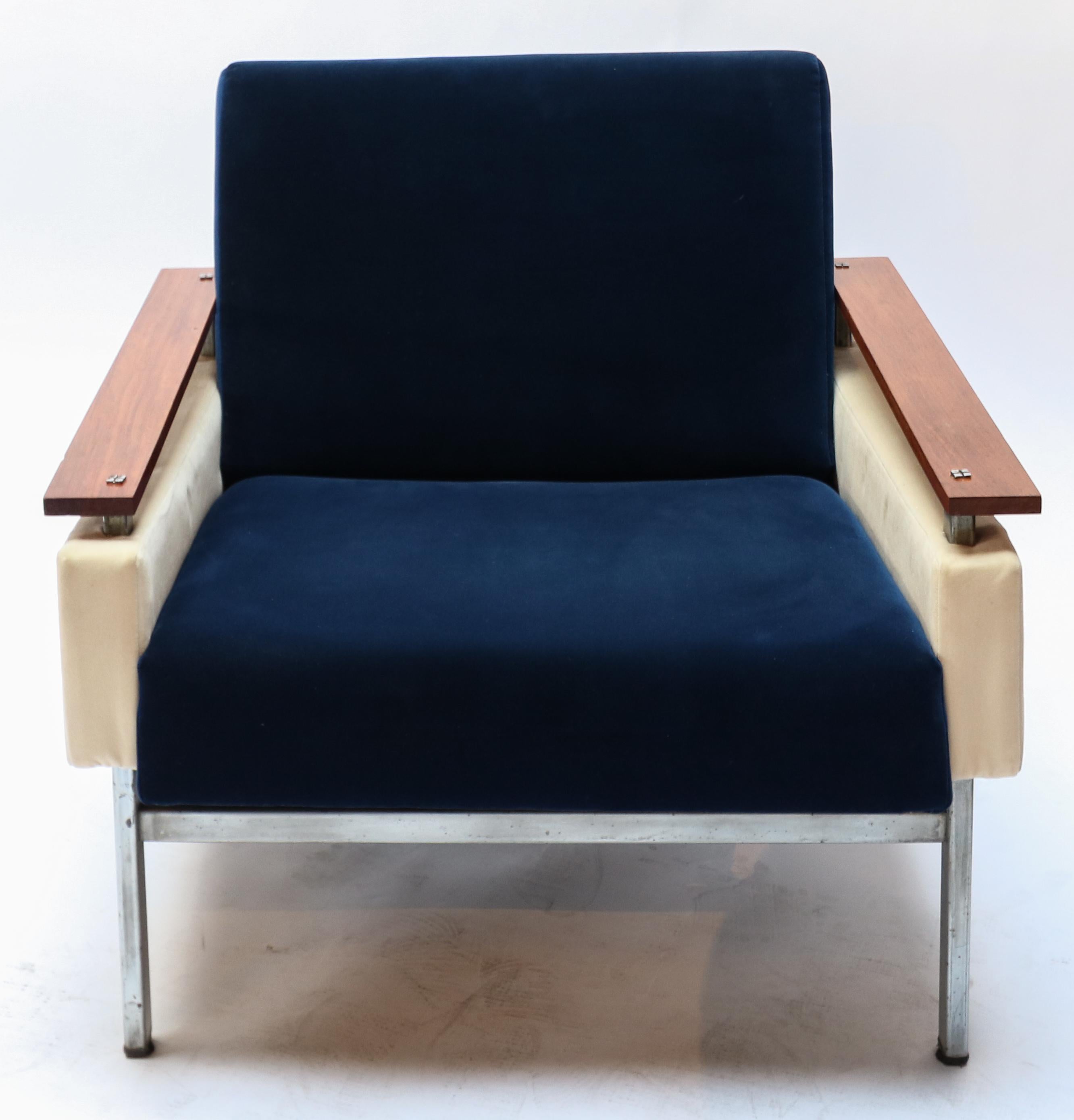 Mid-20th Century Pair of Brazilian Caviuna Two-Tone Blue and Beige Velvet Armchairs, 1950s