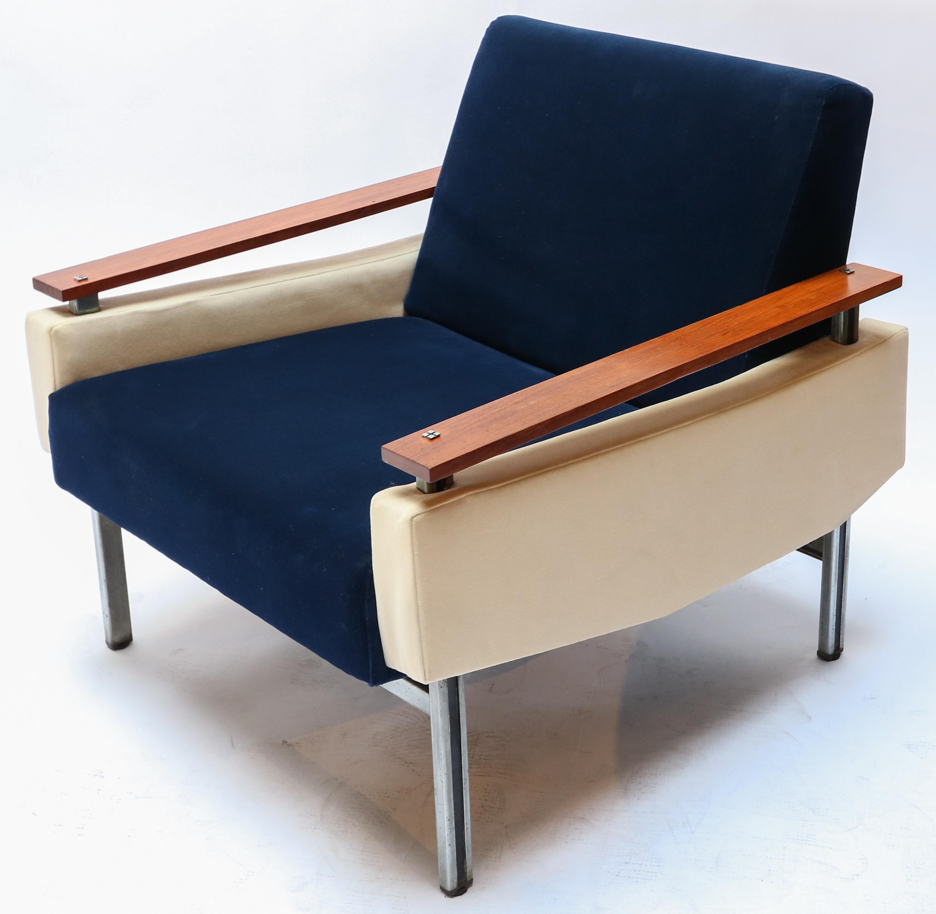 Chrome Pair of Brazilian Caviuna Two-Tone Blue and Beige Velvet Armchairs, 1950s