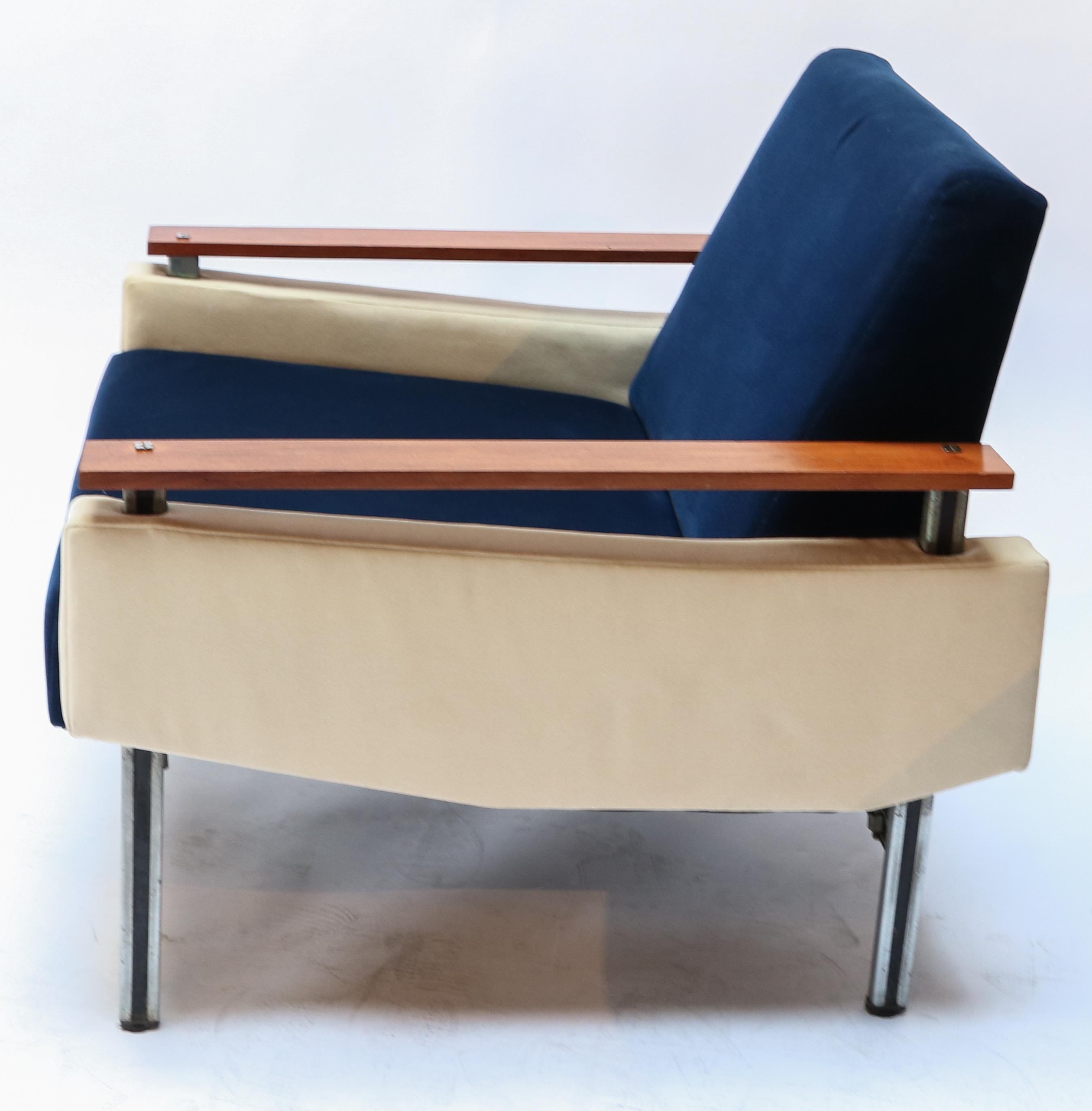 Mid-Century Modern Pair of Brazilian Caviuna Two-Tone Blue and Beige Velvet Armchairs, 1950s