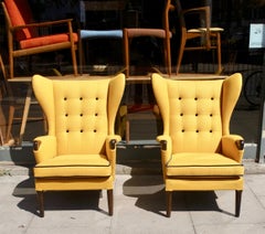 Pair of 1950s British Wingback Armchairs Upholstered in Quality Yellow Textile