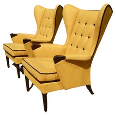 Pair of 1950s British Wingback Armchairs Upholstered in Quality Yellow Textile