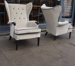 Pair of 1950s British Wingback Armchairs Upholstered in taupe Velvet Textile
