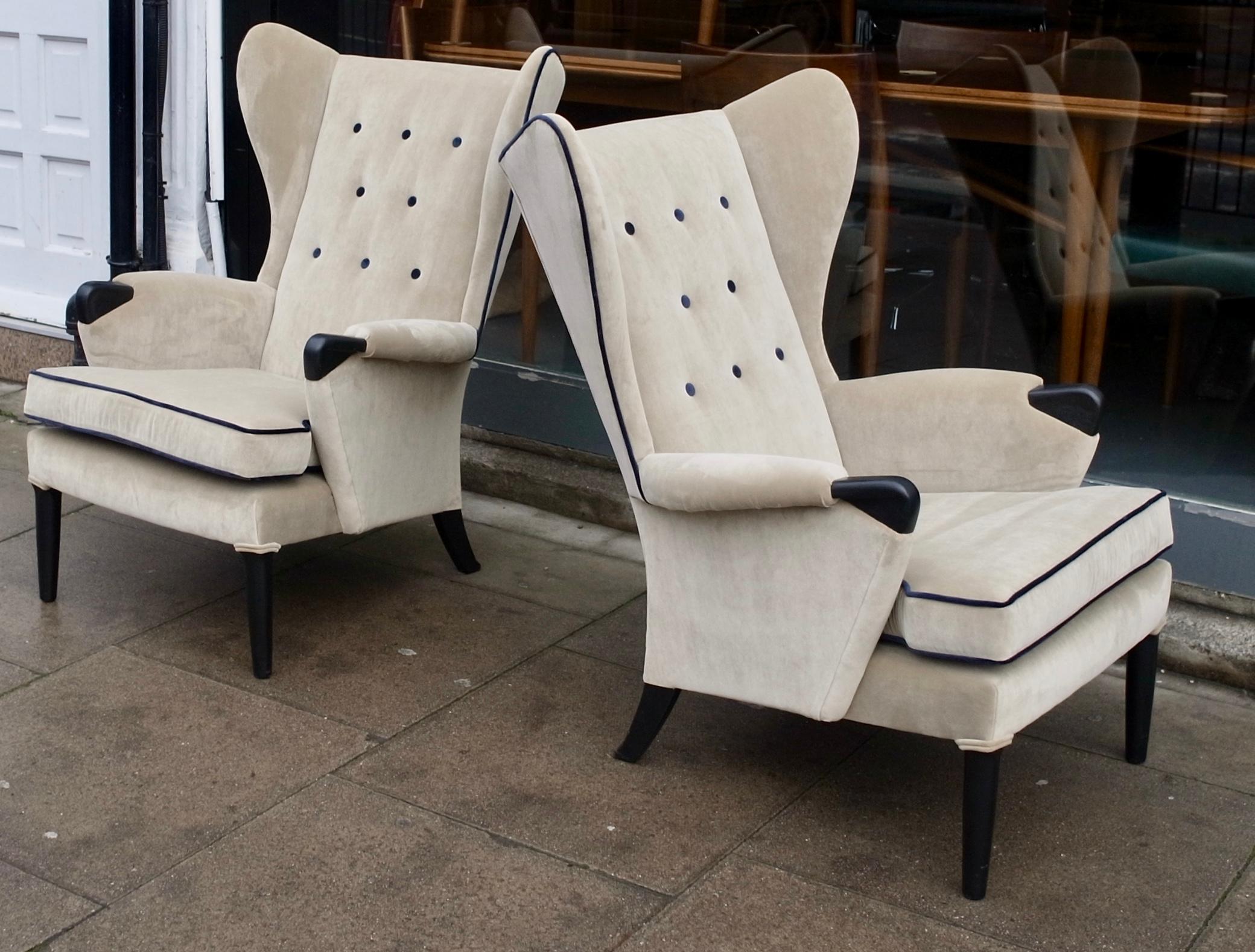 Mid-Century Modern Pair of 1950s British Wingback Armchairs Upholstered in taupe Velvet Textile For Sale