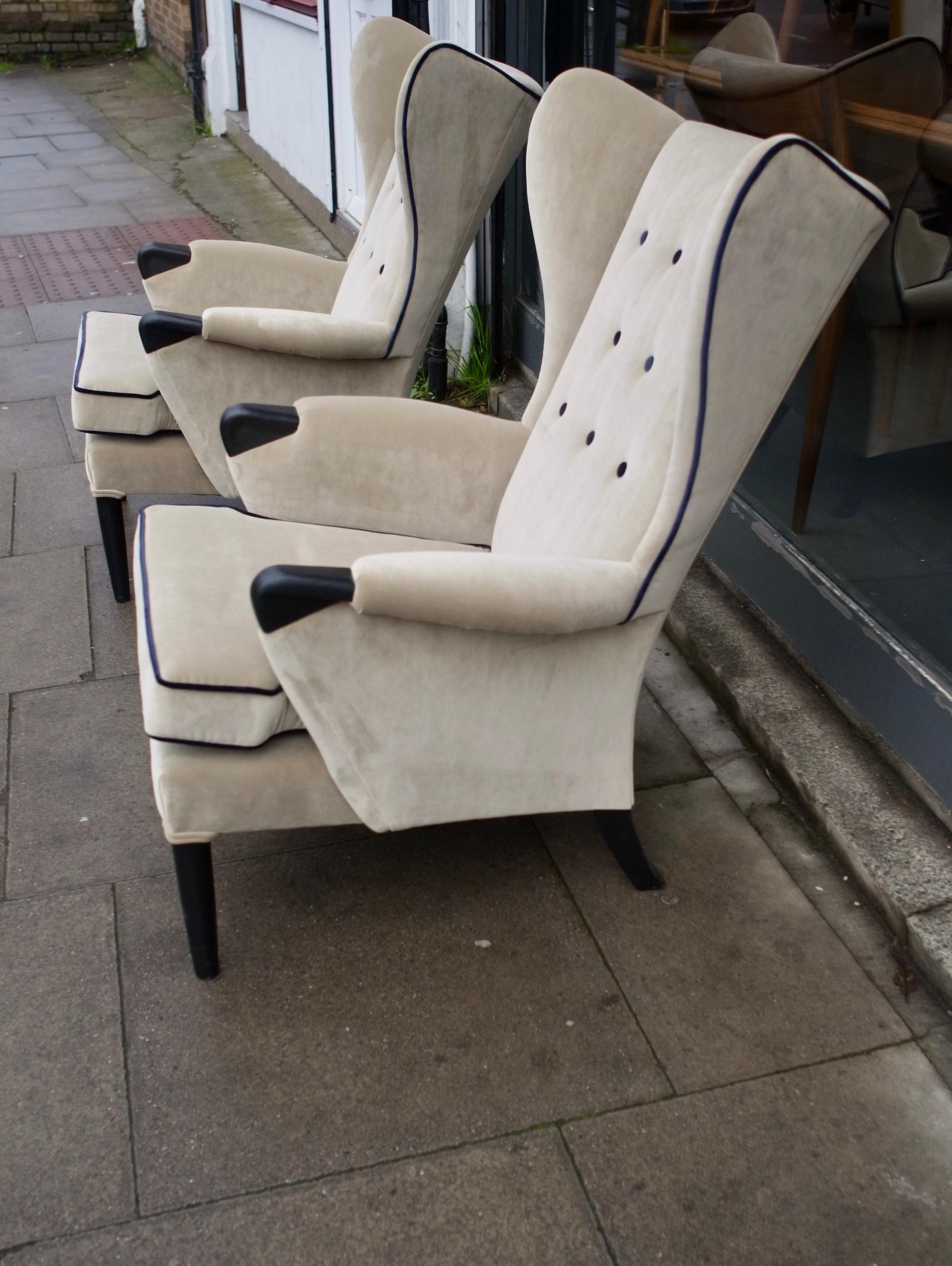 Upholstery Pair of 1950s British Wingback Armchairs Upholstered in taupe Velvet Textile For Sale