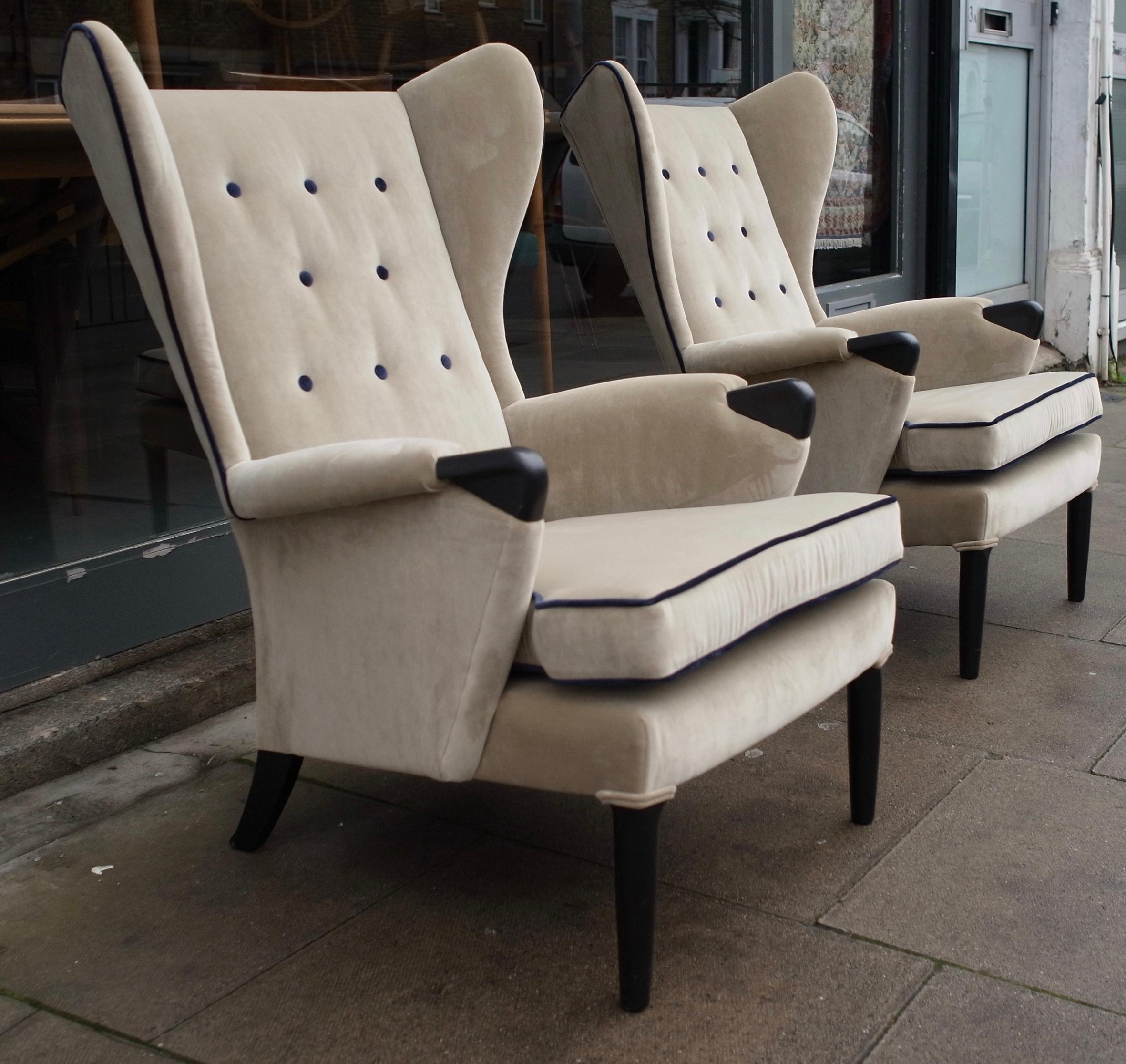 Pair of 1950s British Wingback Armchairs Upholstered in taupe Velvet Textile For Sale
