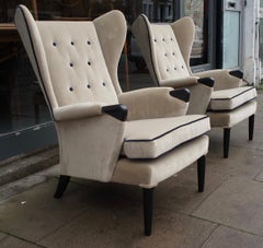 Pair of 1950s British Wingback Armchairs Upholstered in taupe Velvet Textile