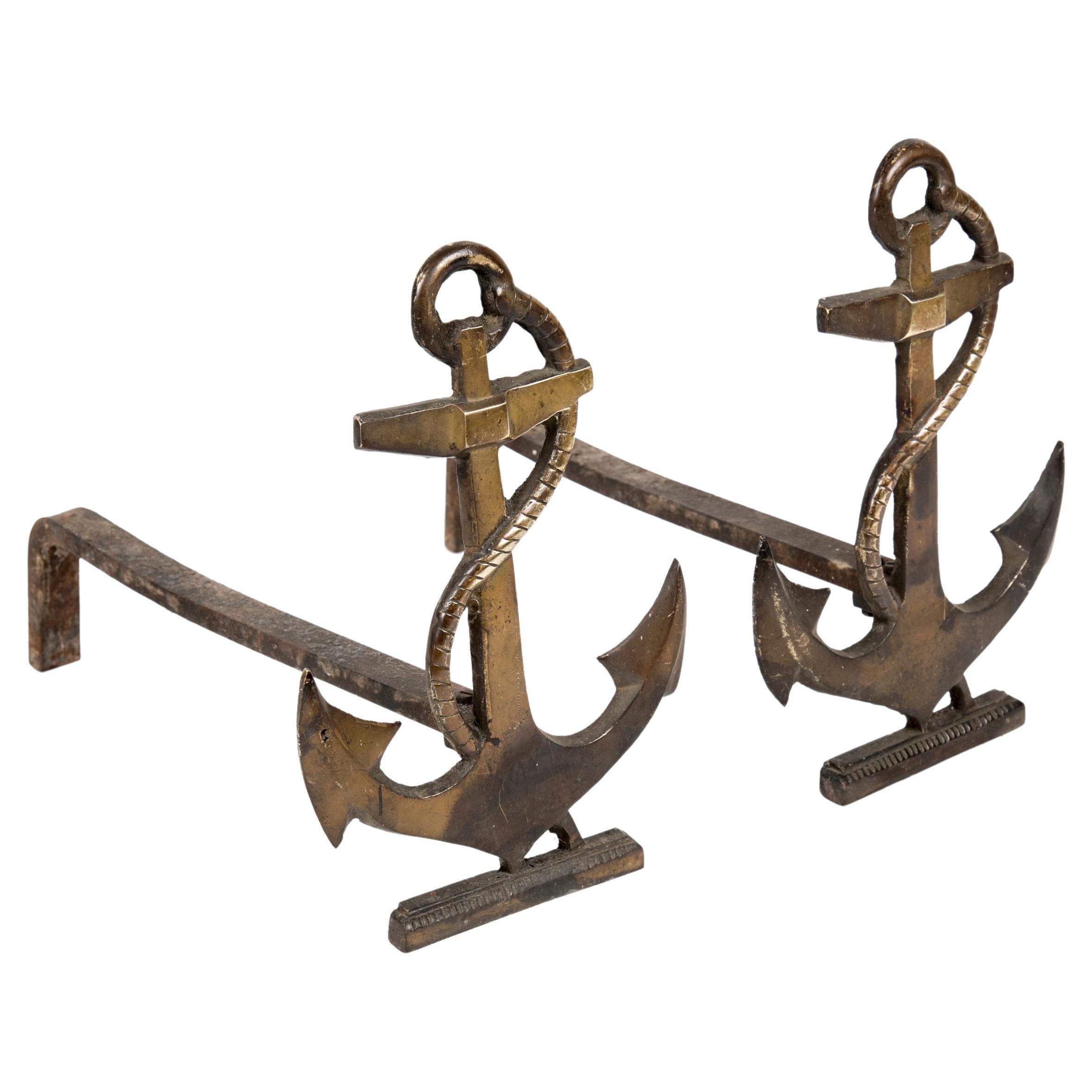 Pair of 1950s Bronze "Anchor" Andirons in the Style of Jacques Adnet