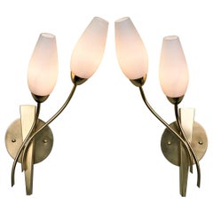 Pair of 1950s Bronze and Glass Wall Sconces