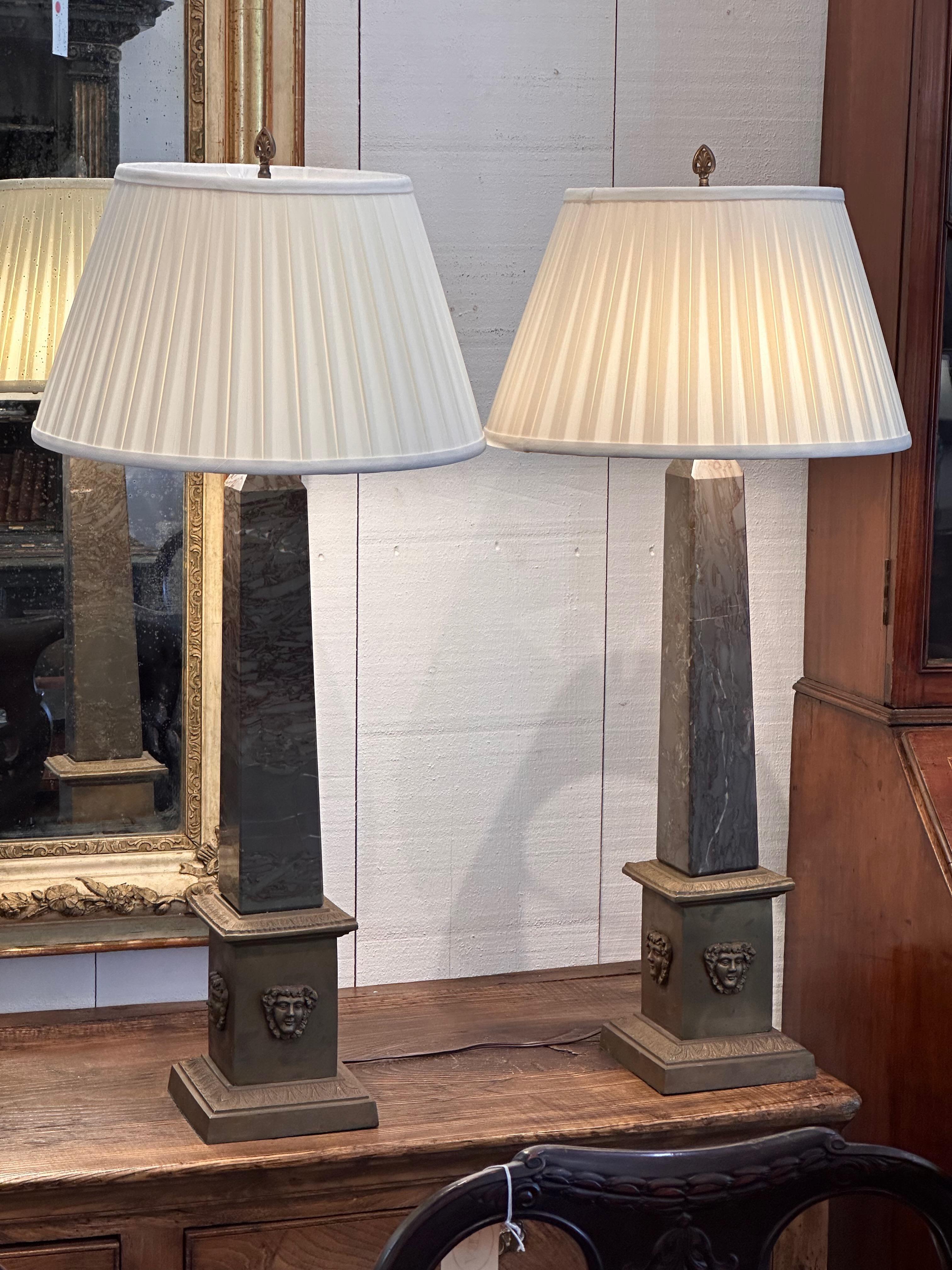 Mid-20th Century Pair of 1950s Bronze and Marble Obelisk Lamps For Sale