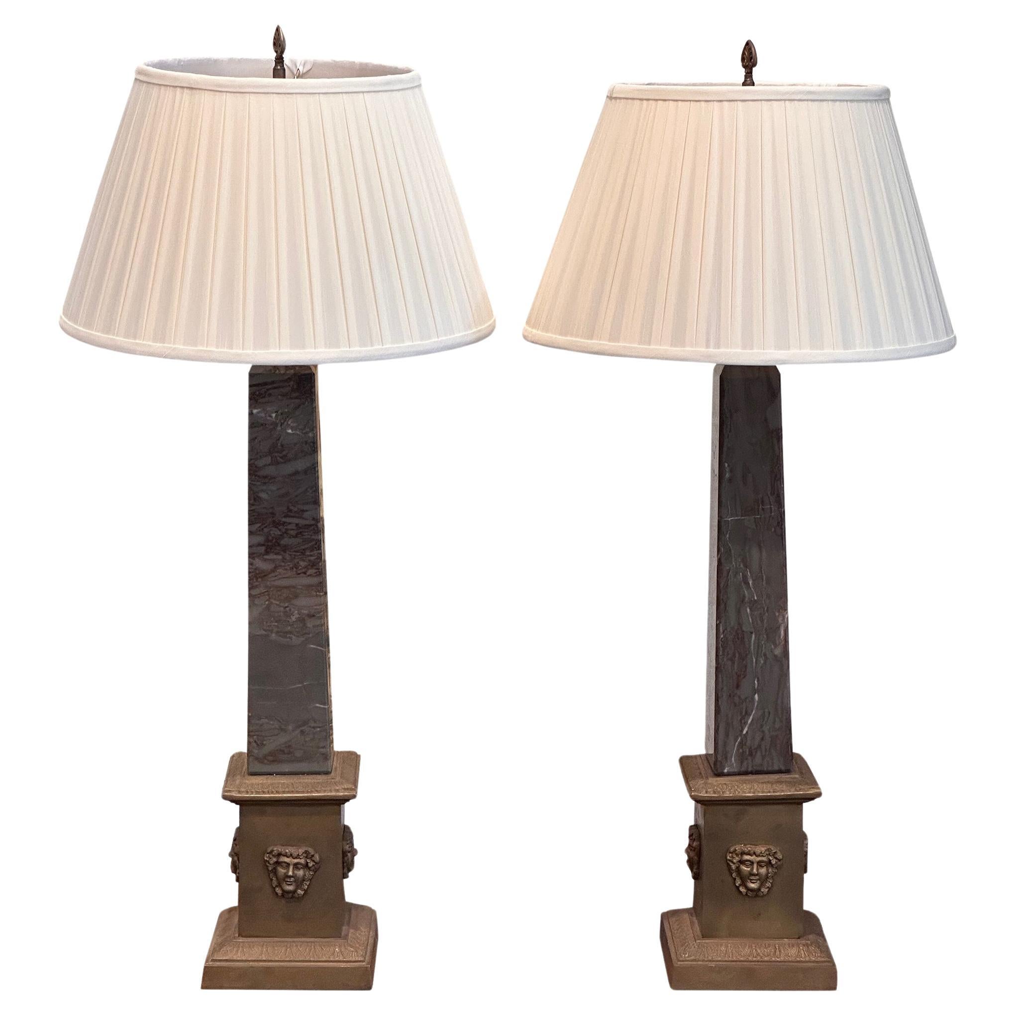 Pair of 1950s Bronze and Marble Obelisk Lamps For Sale