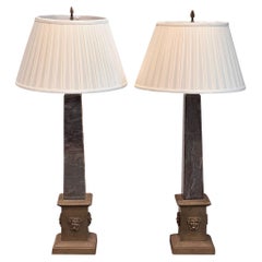 Retro Pair of 1950s Bronze and Marble Obelisk Lamps