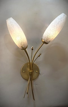 Pair Of 1950's Bronze and texture Glass Wall Sconces