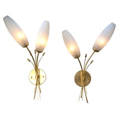 Vintage Pair Of 1950
s Bronze and texture Glass Wall Sconces