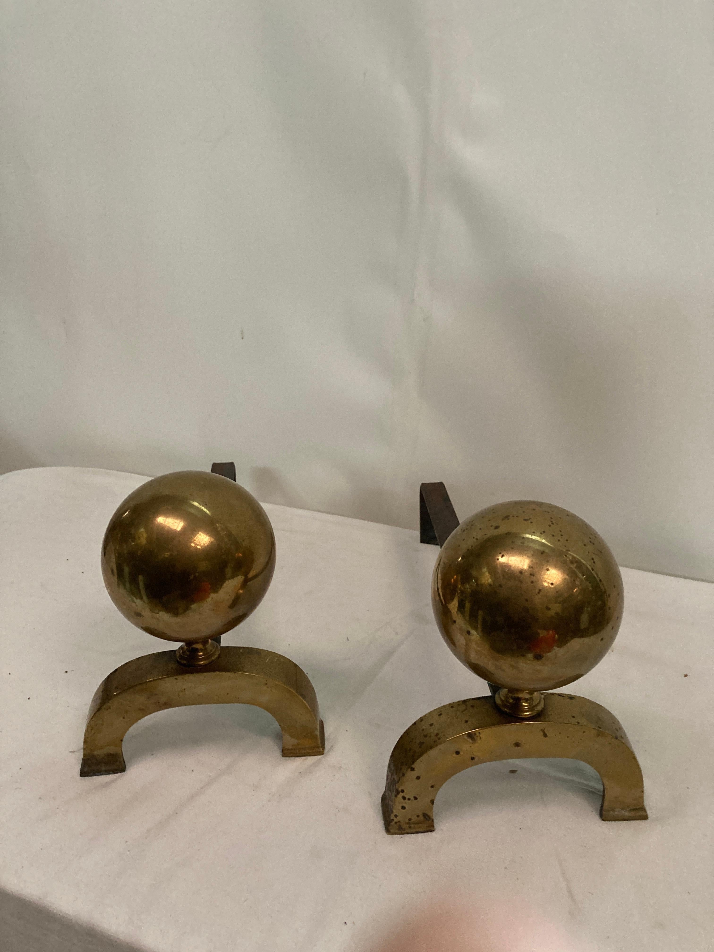 French Pair of 1950's bronze andirons attributed to Jacques Adnet For Sale